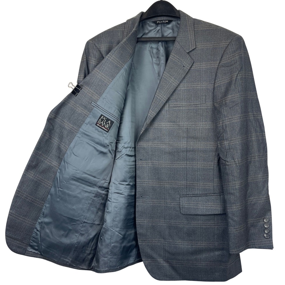 Jos‎ A Bank SILK + Wool 44R Gray Plaid Blazer Sport Coat Suit Jacket